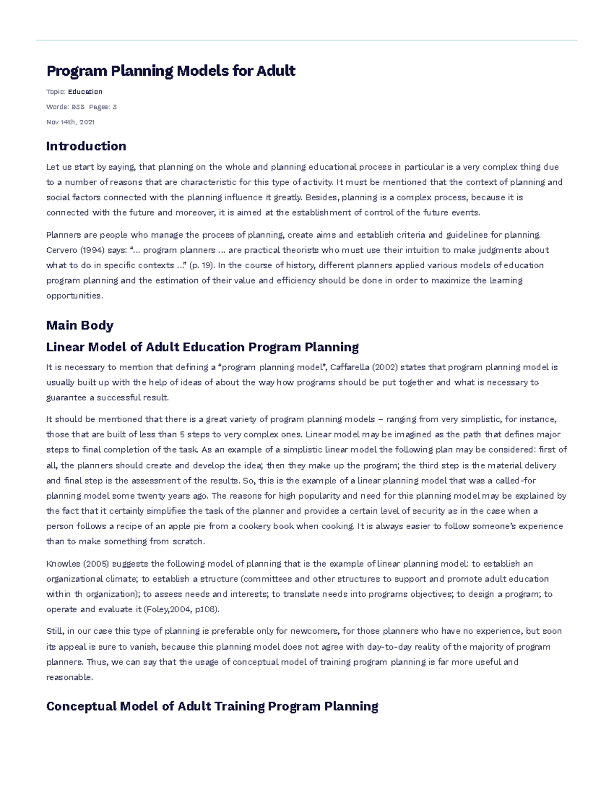 Program planning models for adult education studocu