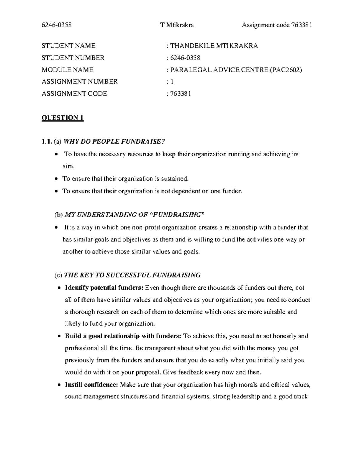 PAC assignment 1 - 6246-0358 T Mtikrakra Assignment code 763381 STUDENT ...