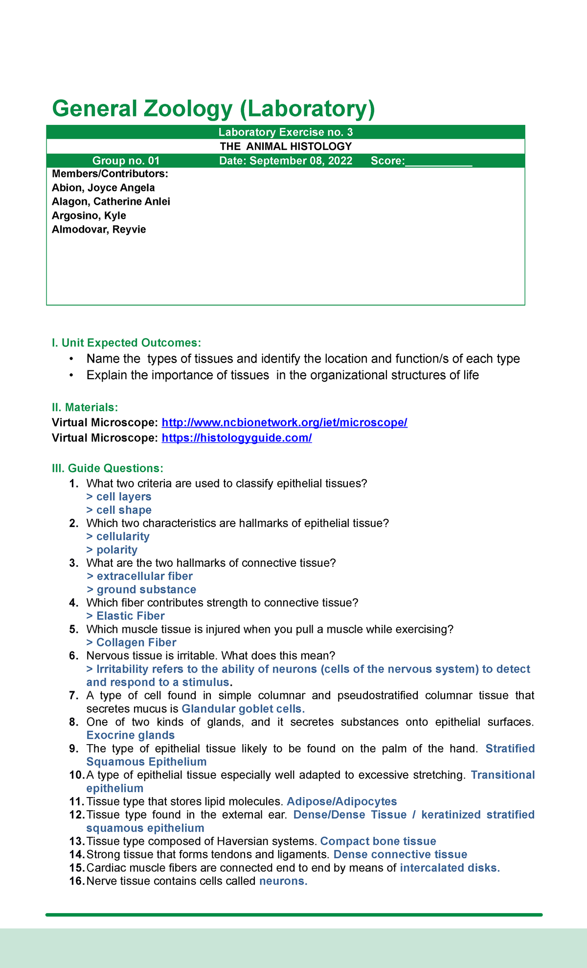 Laboratory Worksheet 3 The Animal Histology General Zoology