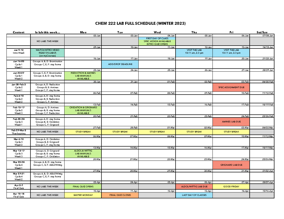 2023w 222 lab fullschedule - Content In lab this week... Mon Tue Wed ...