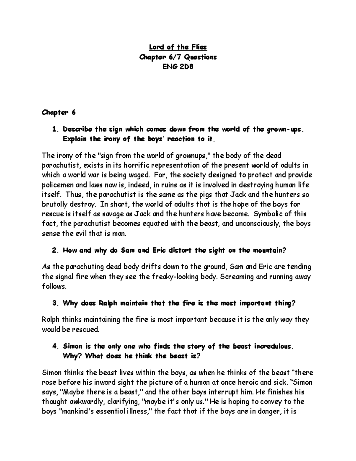 Chapter 6 7 Questions Eeee Lord Of The Flies Chapter 6 7 Questions 