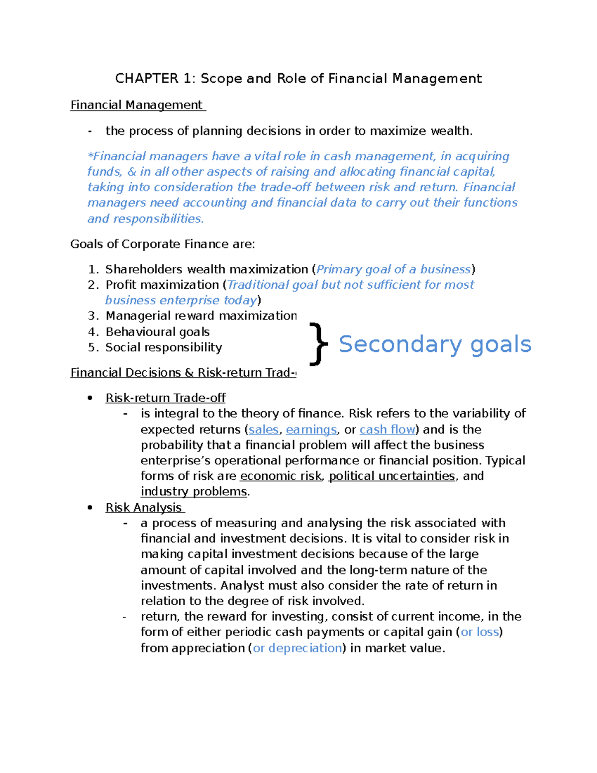 FM Notes - CHAPTER 1: Scope and Role of Financial Management Financial ...