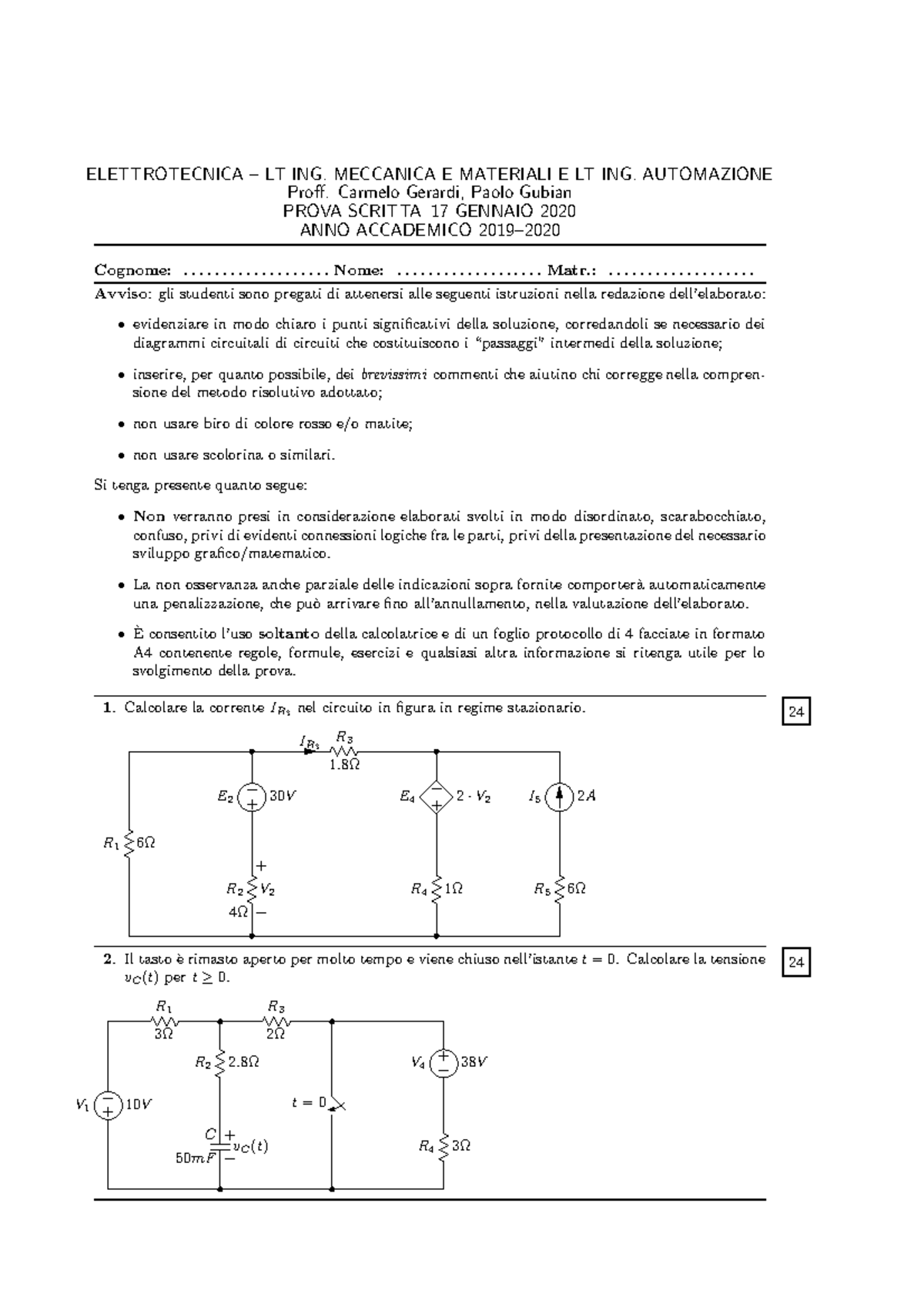 2020 01 17 Esercizi Elettrotecnica - ELETTROTECNICA – LT ING. MECCANICA ...