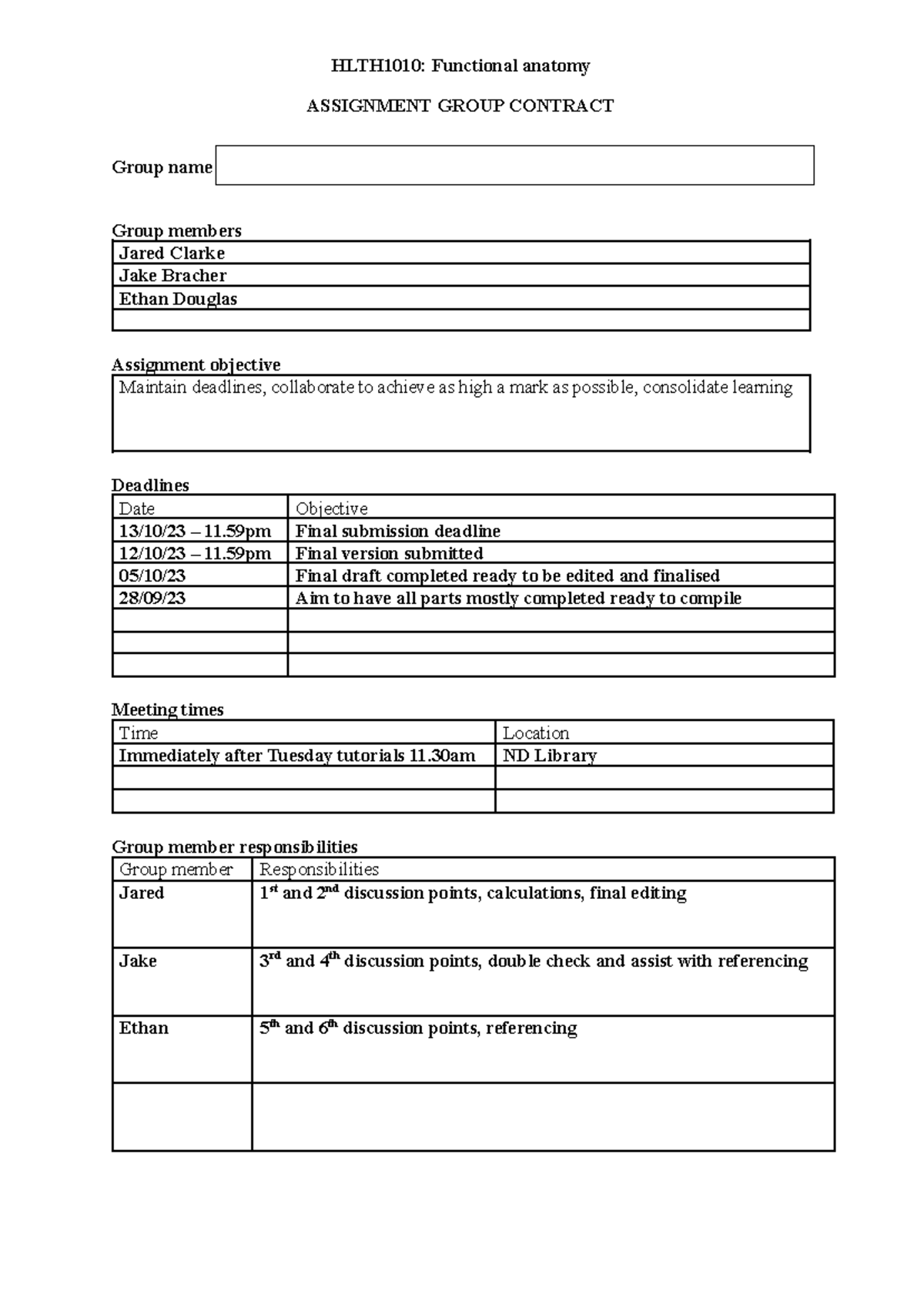 HLTH1010 - Assignment group contract 23S2 - HLTH1010: Functional ...