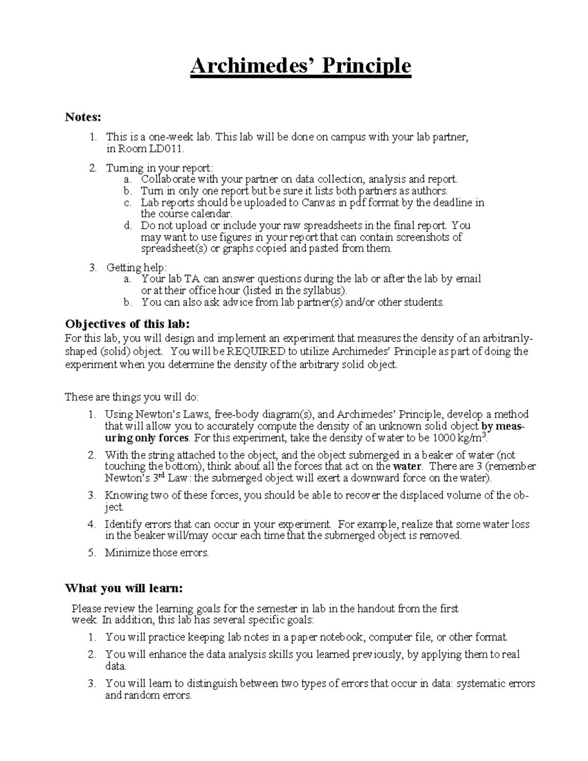 Archimedes Lab reports for Mechanics 15200 Archimedes’ Principle