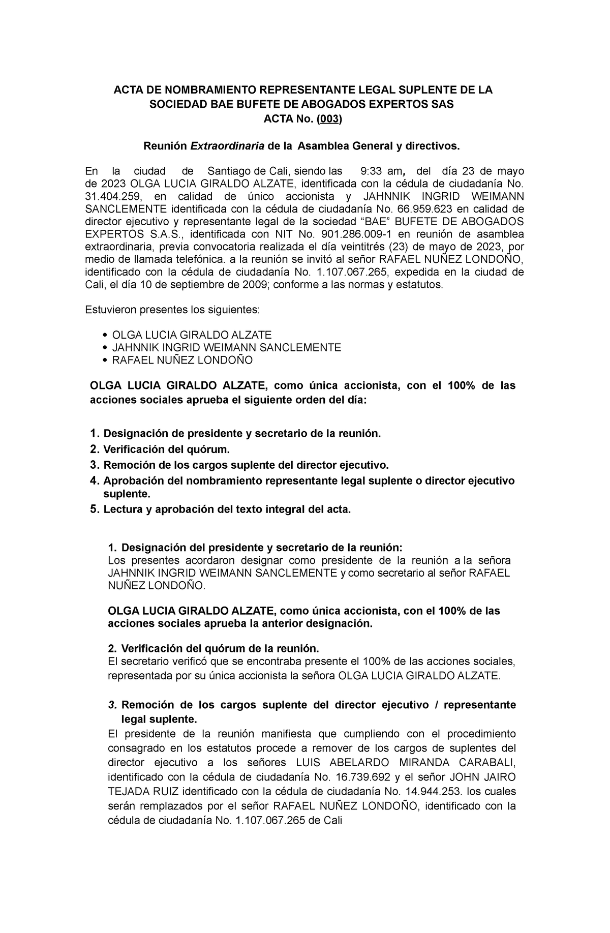 Acta De Nombramiento Representante Legal Suplente Bae Acta De