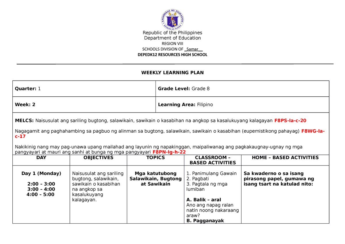 WLP Grade 8 Filipino Week 2 - Republic Of The Philippines Department Of ...