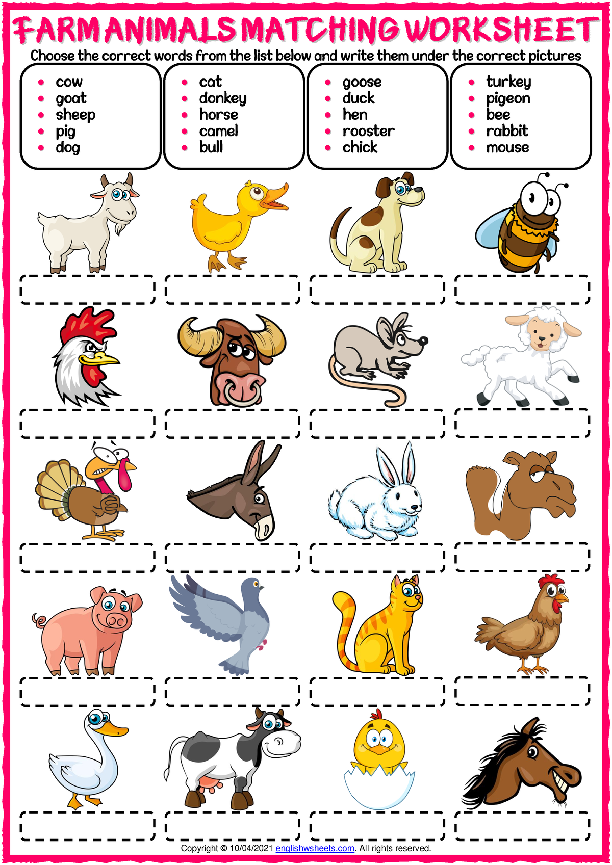 Farm animals vocabulary esl matching exercise worksheet for kids ...