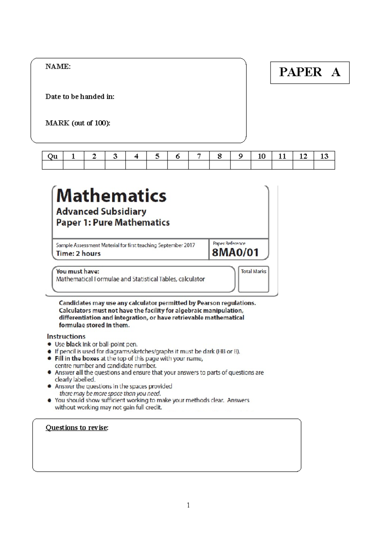 01 as pure mathematics practice paper a 1 - NAME: Date to be handed in ...