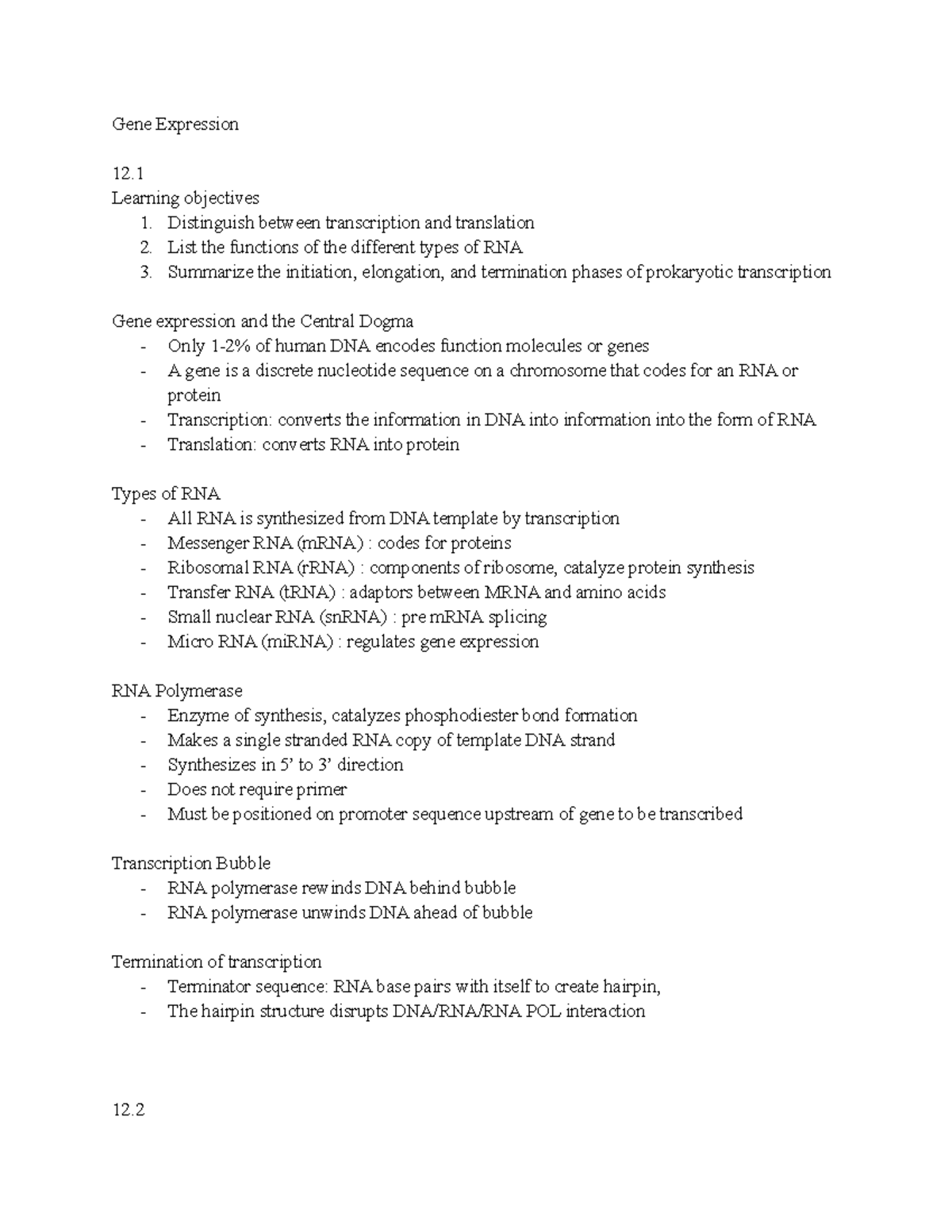 Bio 1105 lesson 12 notes - Gene Expression Learning objectives 1 ...