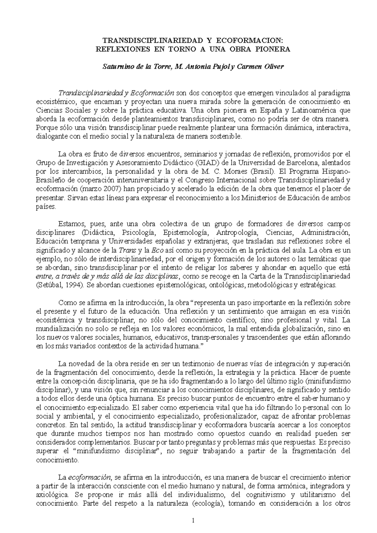 Transdisciplinariedad Y Ecoformacion TRANSDISCIPLINARIEDAD Y 