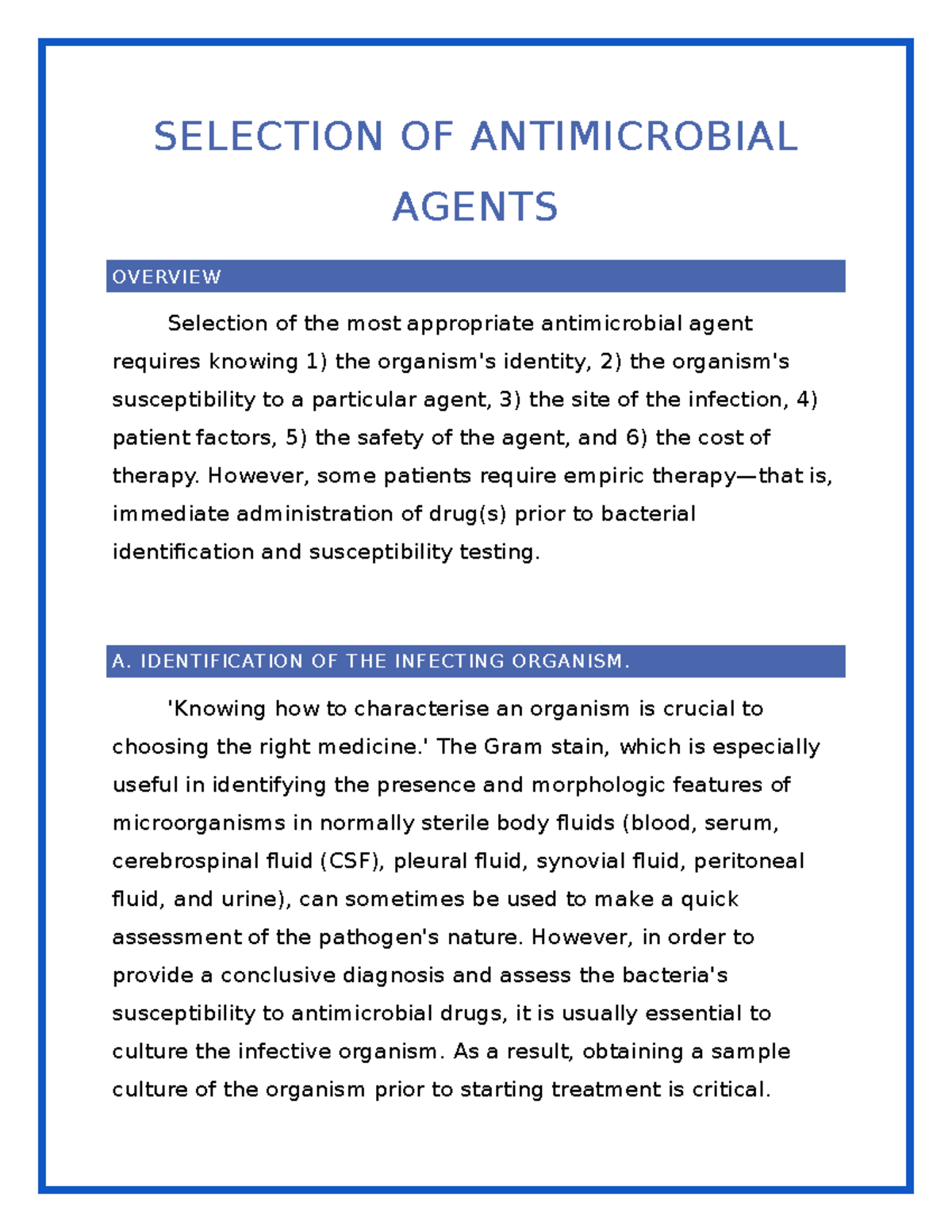 Brief NOTE ON Selection OF Antimicrobial Agents SELECTION OF
