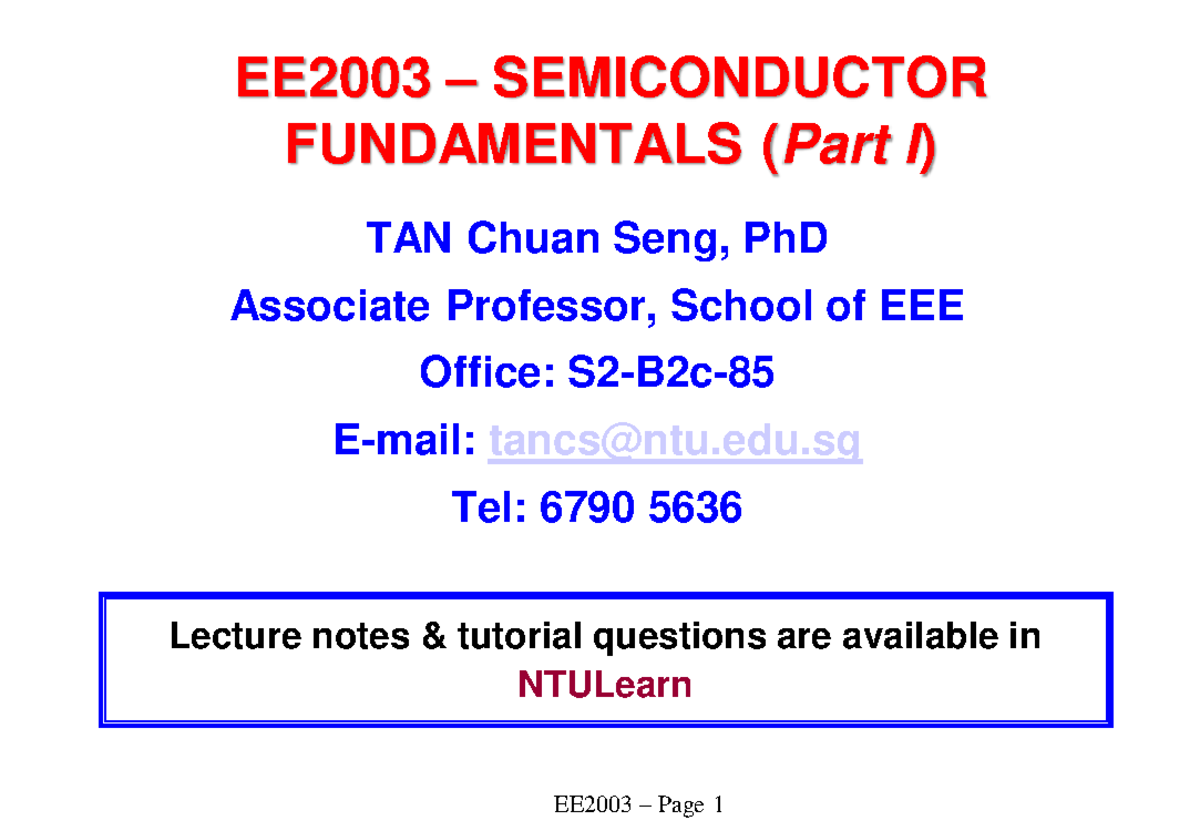 01-Lecture 1 Overview - EE2003 – SEMICONDUCTOR FUNDAMENTALS (Part I ...