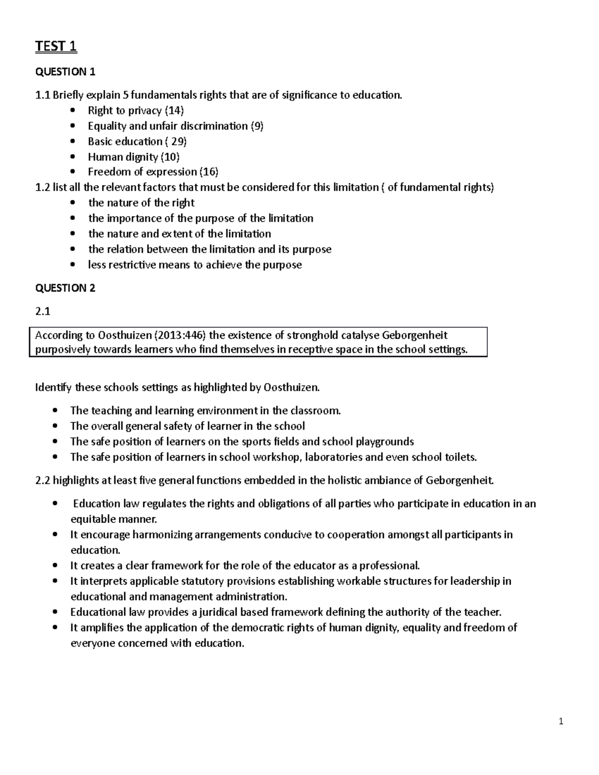 TEST 1 - STUDY NOTES - TEST 1 QUESTION 1 1 Briefly explain 5 ...