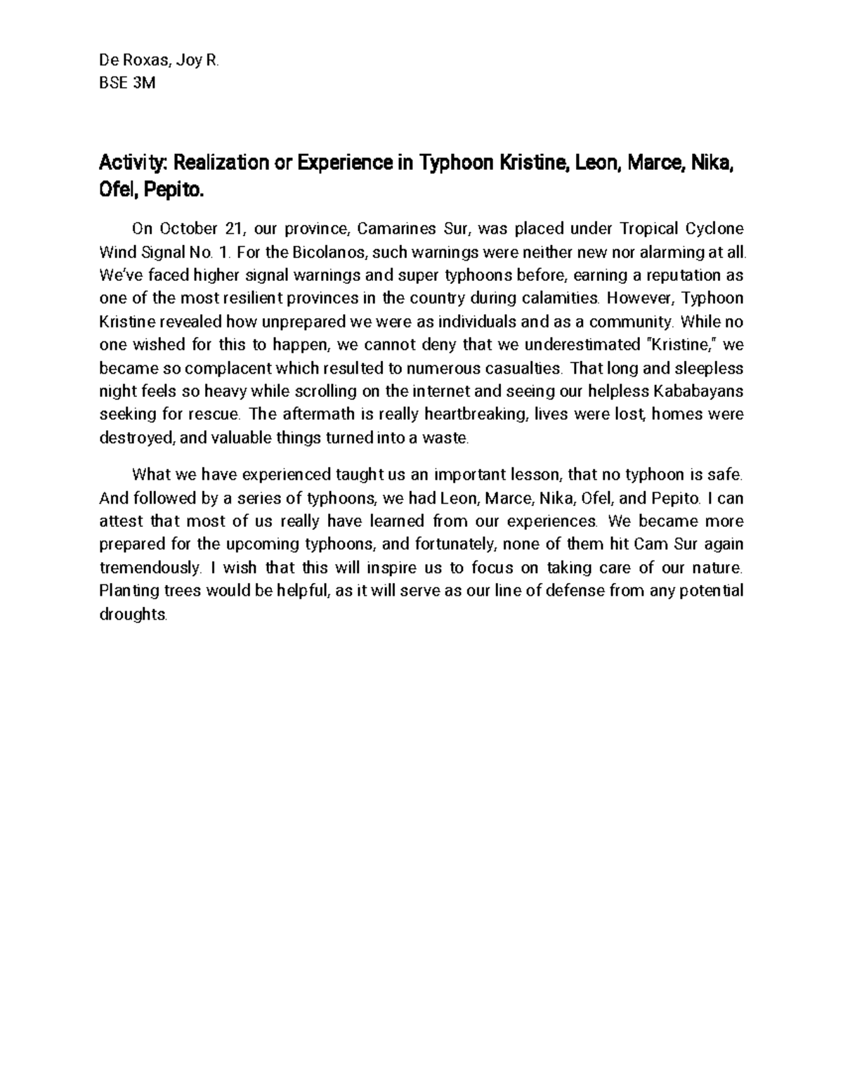 De Roxas, Joy R - Realizations - De Roxas, Joy R. BSE 3M Activity ...