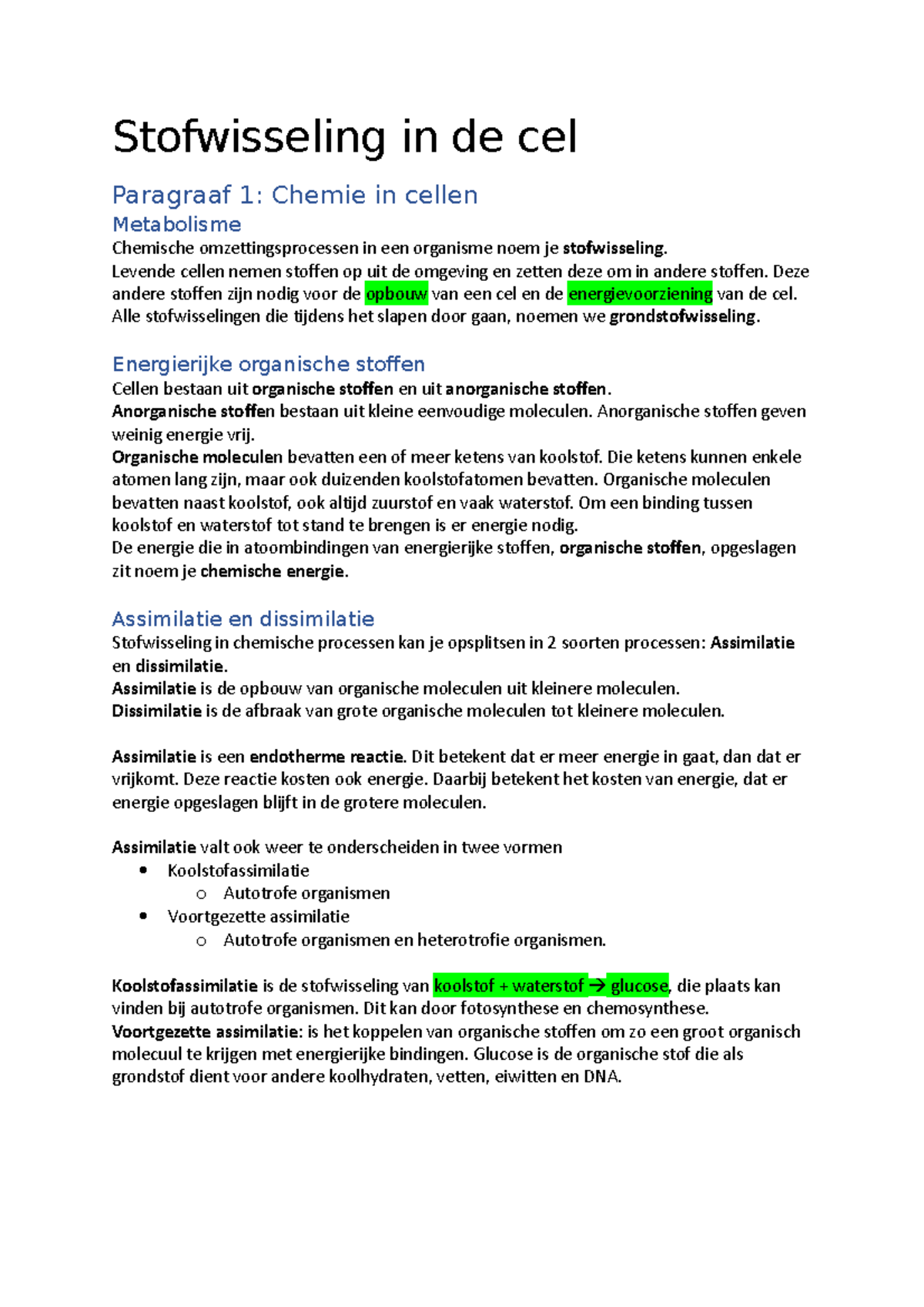 Stofwisseling In De Cel - Stofwisseling In De Cel Paragraaf 1: Chemie ...