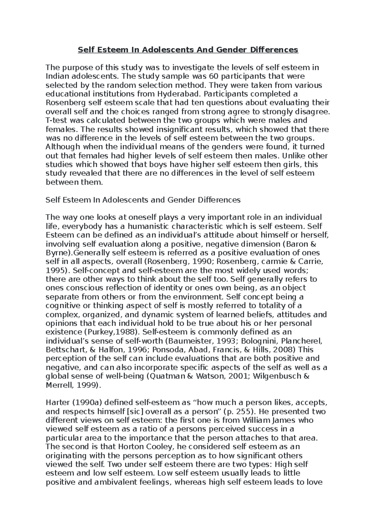 Self Esteem In Adolescents And Gender Differences - The study sample ...
