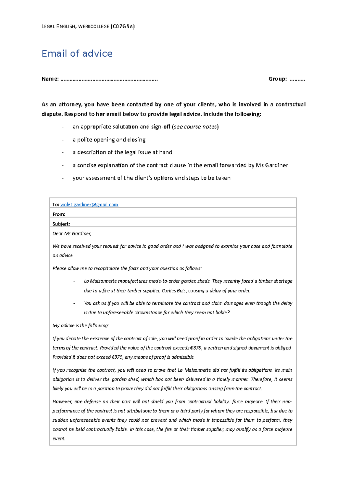 Email of advice - LEGAL ENGLISH, WERKCOLLEGE (C07G9A) Email of advice ...