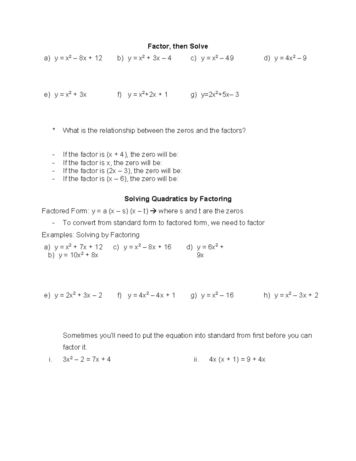 Factoring worksheets - Exercises - Factor, then Solve a) y = x 2 – 8x ...