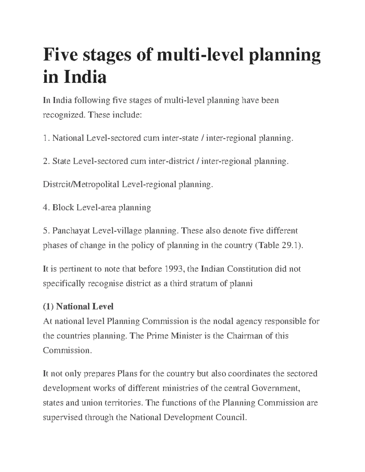 Multi Level Planning IN India Five stages of multilevel planning in
