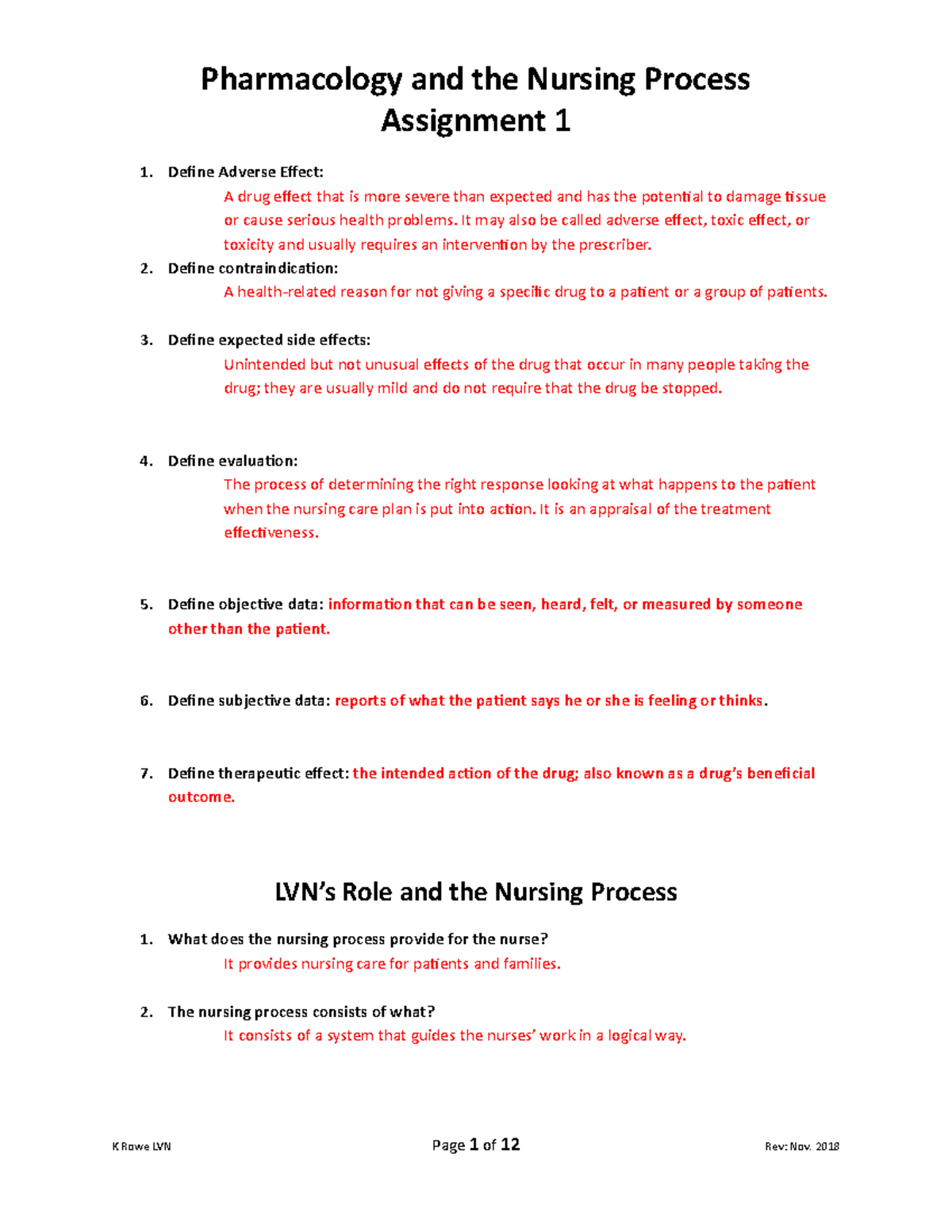 Assignment 1 Chapter 1 Pharm AND THE Nursing Process I LVN Practice NOV ...