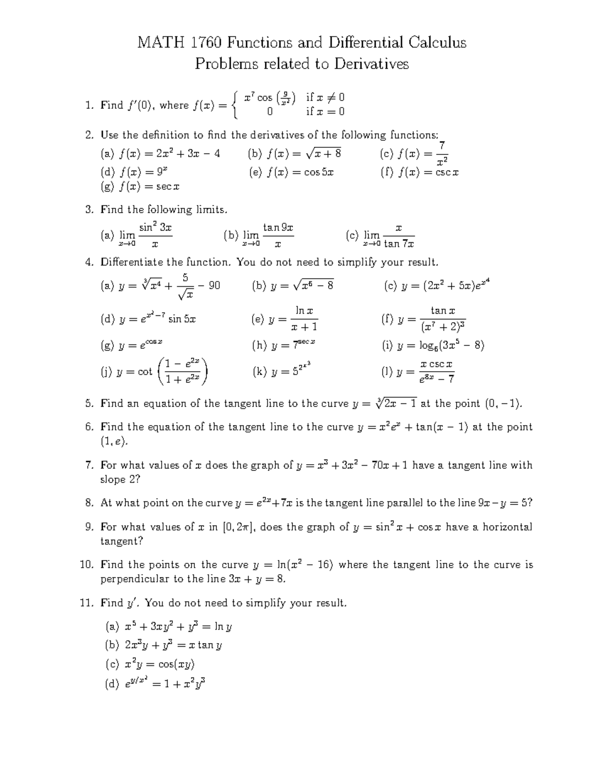 Derivative Practice Problems - MATH 1760 Functions and Differential ...