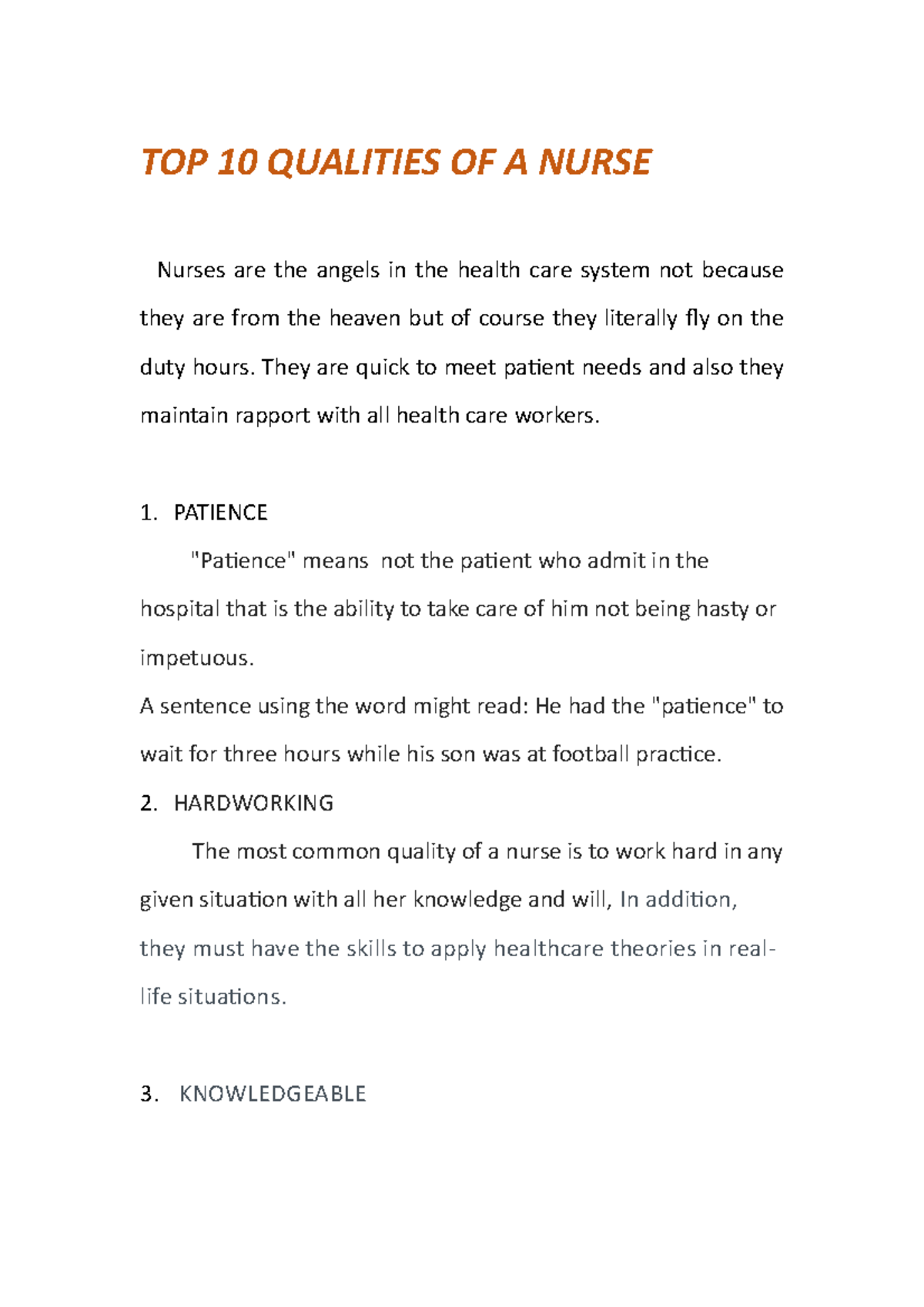 qualities of a good nurse essay