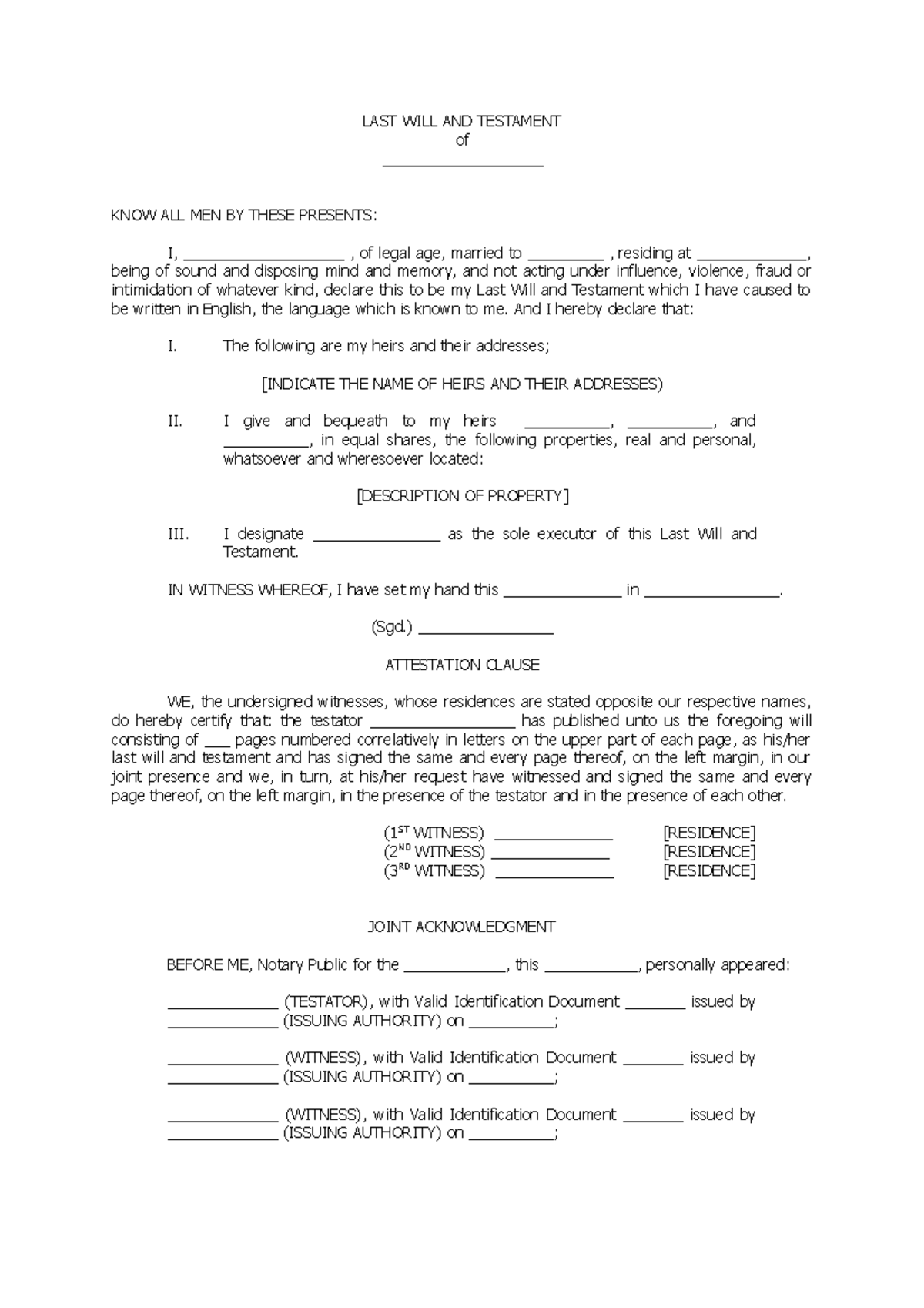 My Legal Whiz - Last Will and Testament Notarial Will - LAST WILL AND ...