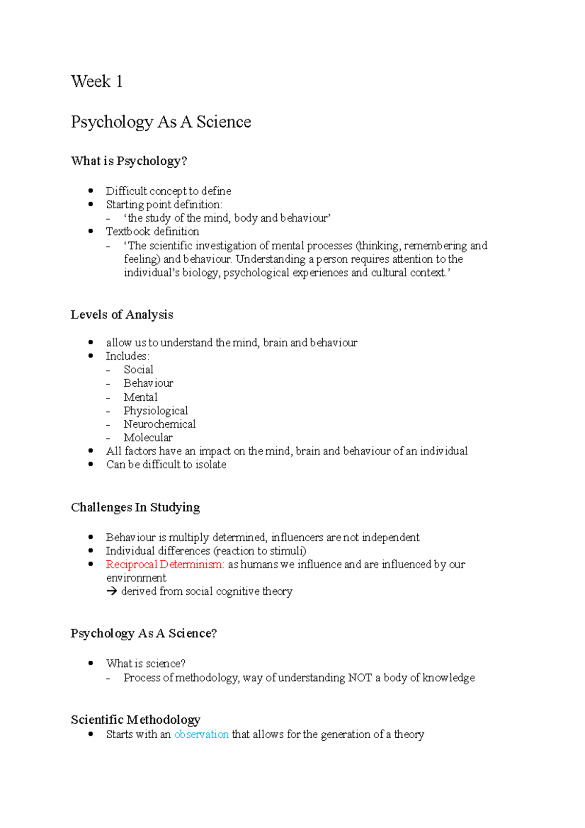 Week 1 - Lecture Notes 1 - Week 1 Psychology As A Science What Is ...