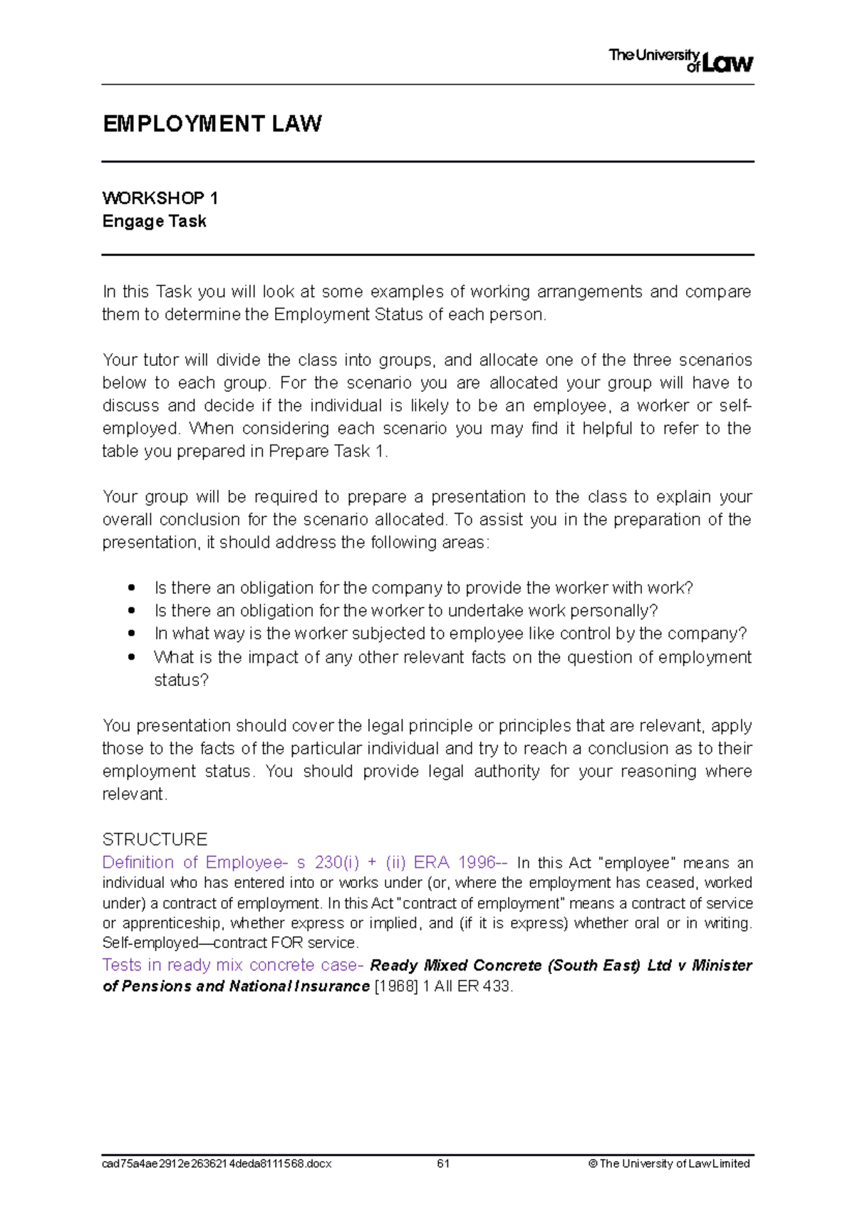 Employment ws1 1 - workshop 1 task 1 - EMPLOYMENT LAW WORKSHOP 1 Engage ...