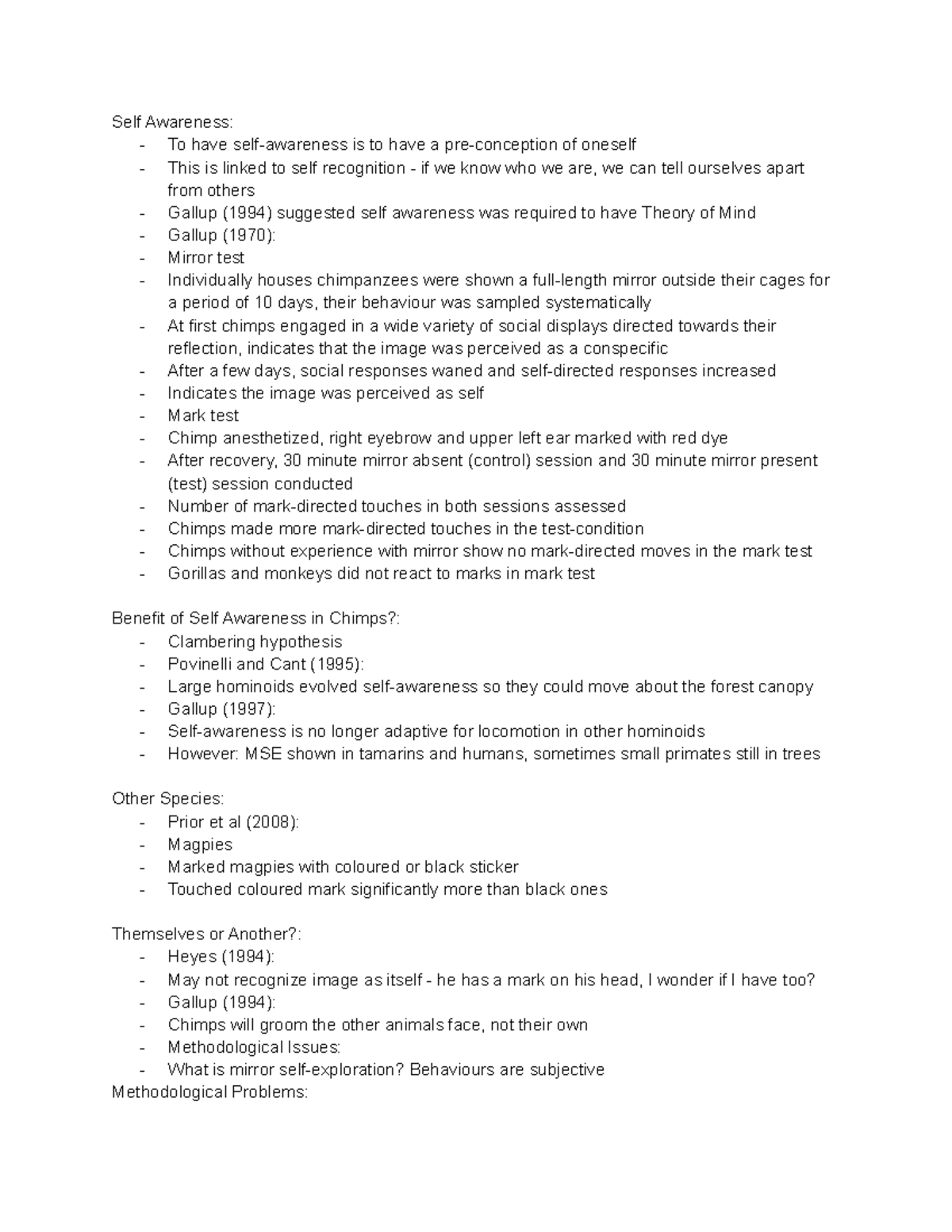 PSYC2023 Week 8 Notes Self Awareness and Theory of Mind - Self ...