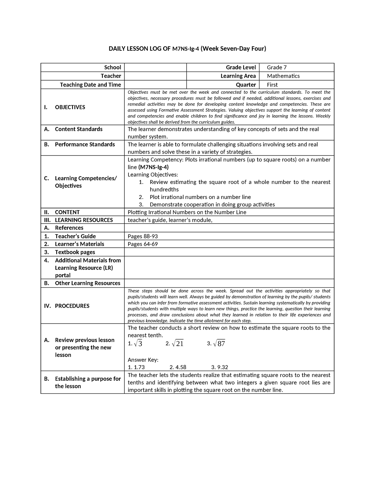 I-DAY 28 - Daily Lesson Log - DAILY LESSON LOG OF M7NS-Ig-4 (Week Seven ...