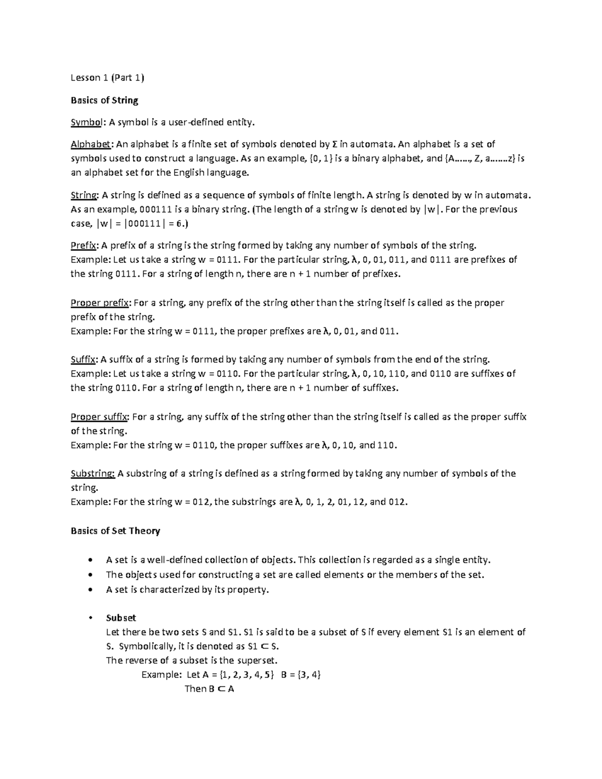 Lesson 1Part1 - Automata Lecture Notes - Lesson 1 (Part 1) Basics of ...