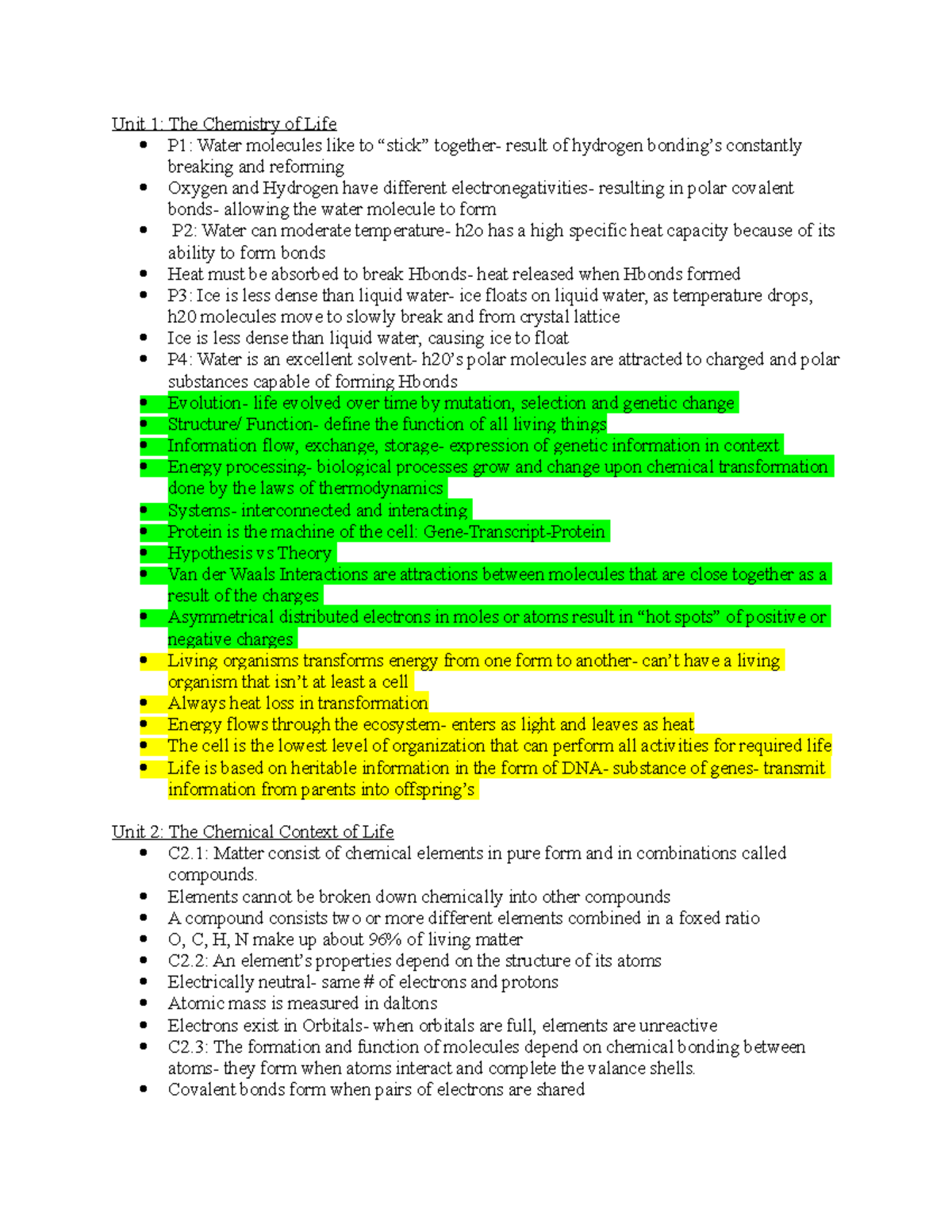 BIO 102- Ch.1-4 - out of textbook - Unit 1: The Chemistry of Life P1 ...