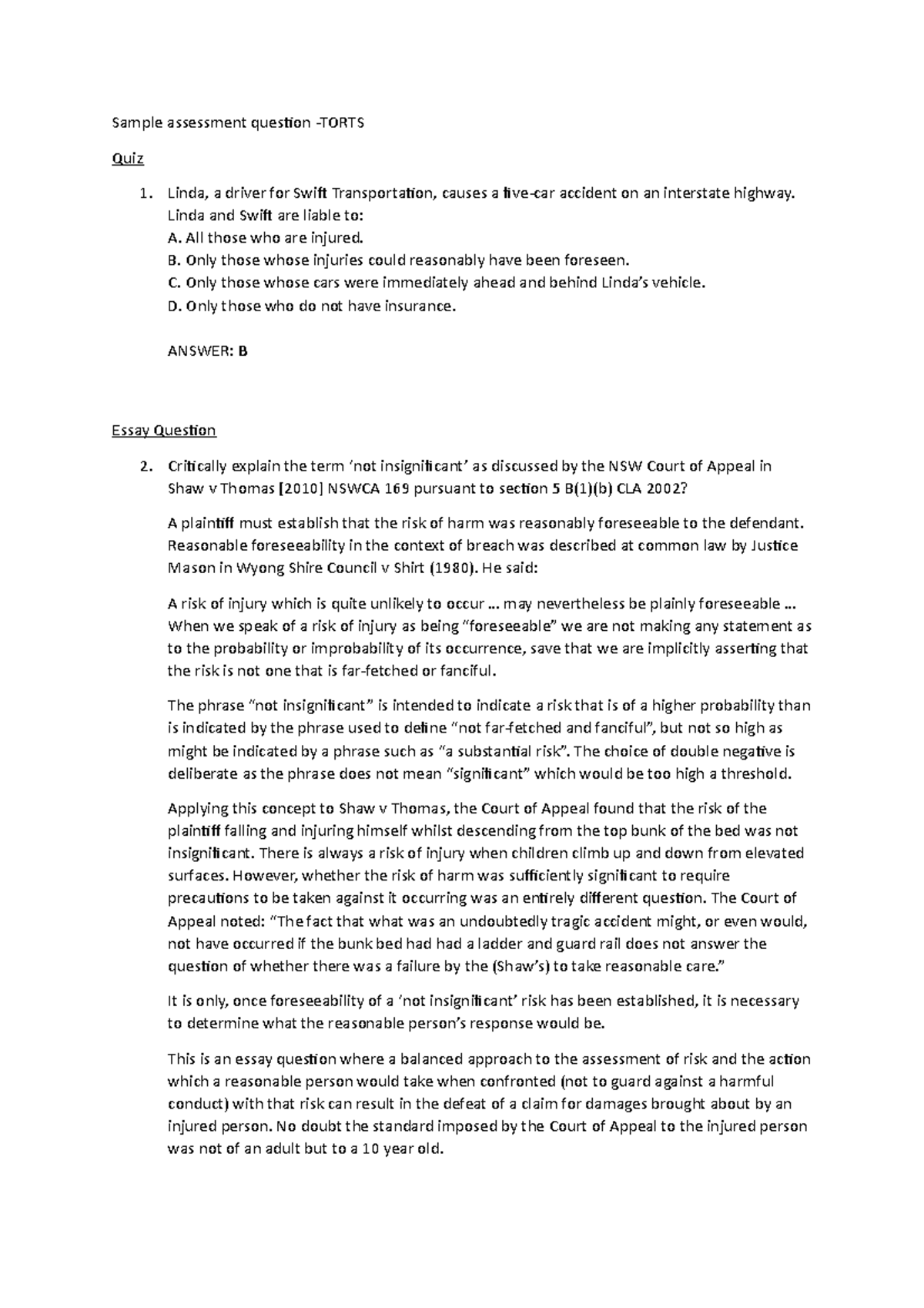 Sample assessment question format - Sample assessment question -TORTS ...