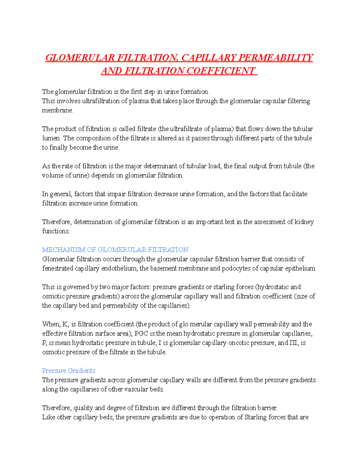 Glomerular Filtration, Capillary Permeability AND Filtration