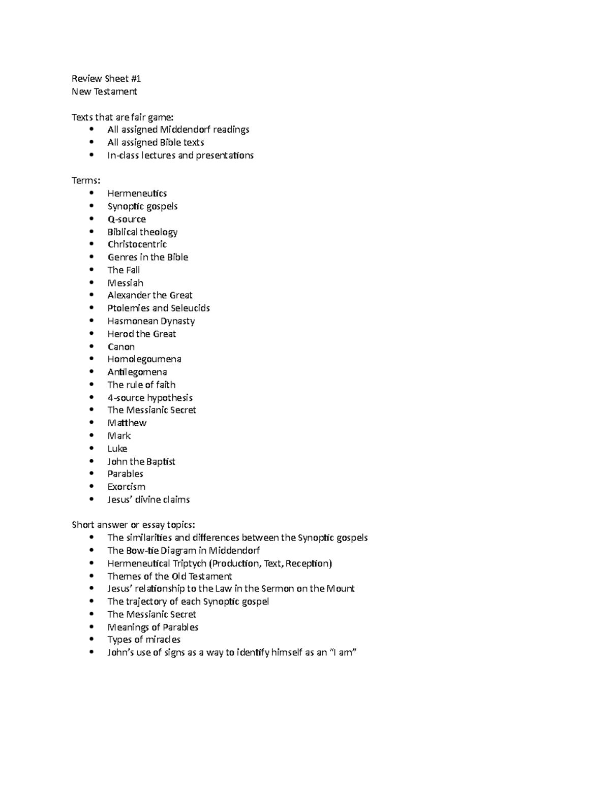 Review Sheet #1 for midterm in new testament class section 1 - Review ...