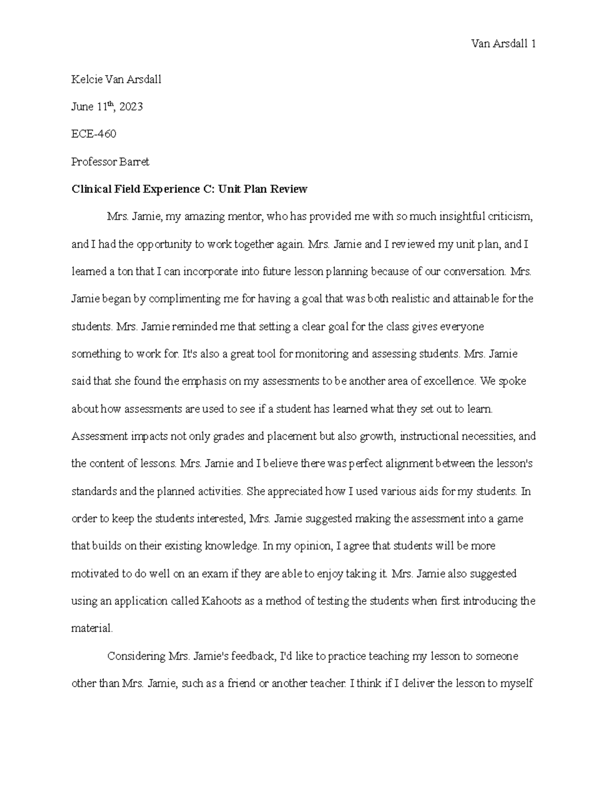 Clinical Field Experience C Unit Plan Review - Kelcie Van Arsdall June ...