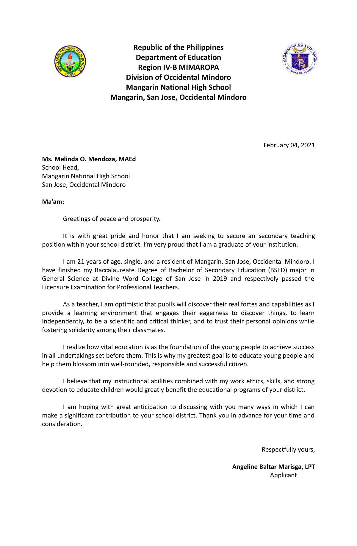 Application-letter-angeline - Republic of the Philippines Department of ...