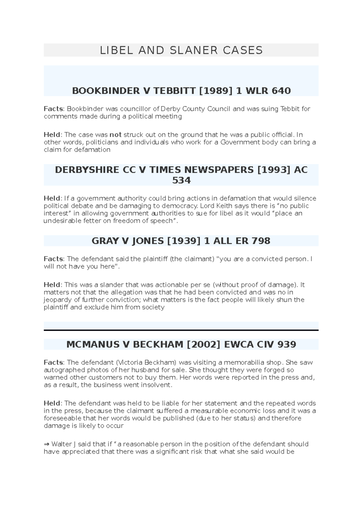 Libel AND Slaner Cases LIBEL AND SL ANER CASES BOOKBINDER V TEBBITT