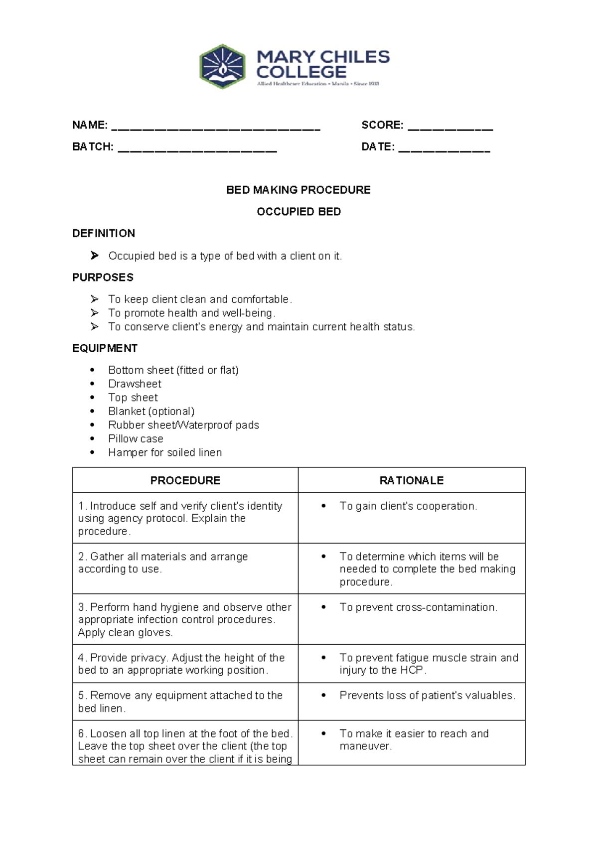 BED Making Procedure - it's for reference - NAME ...