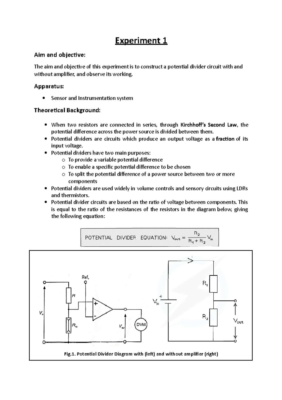 Experiment 1 Apparatus Sensor and Instrumentation system Theoretical