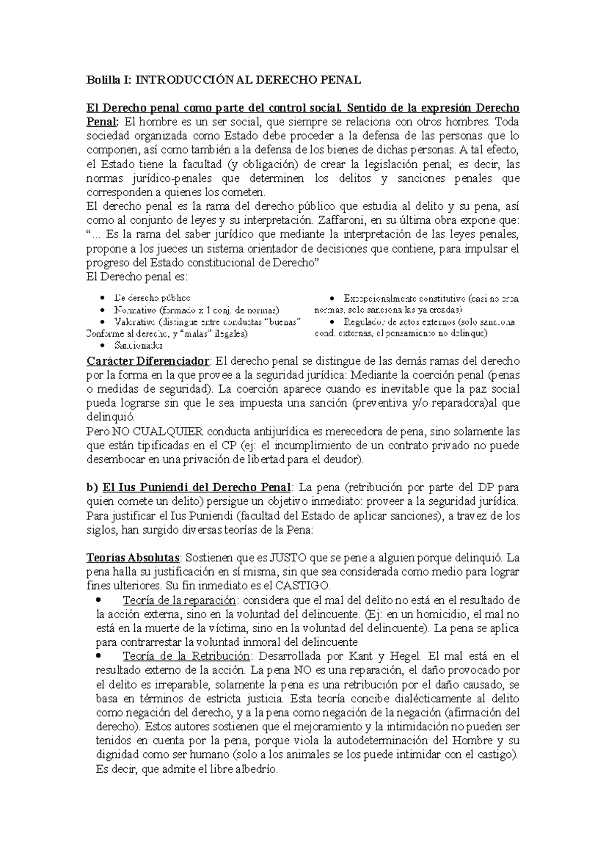 Derecho Penal I - Bolilla I - Bolilla I: INTRODUCCIÓN AL DERECHO PENAL ...