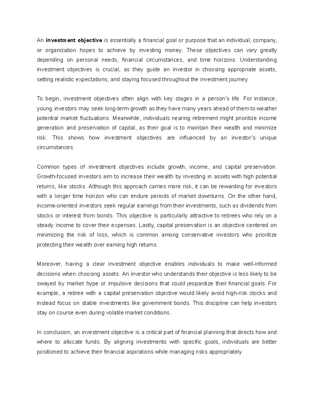 Investment Objectives - An investment objective is essentially a ...
