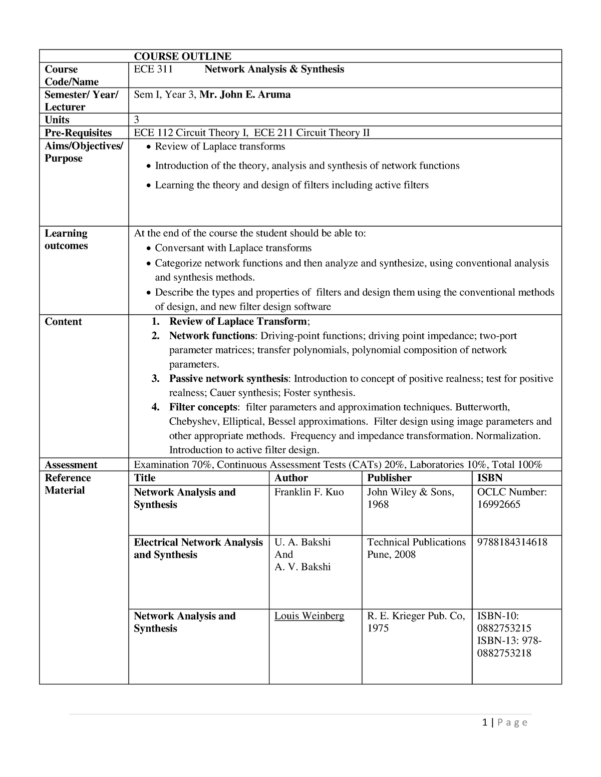 Ece 311 Outline And Lecture 1 - Course Outline Course Code Name Ece 311 