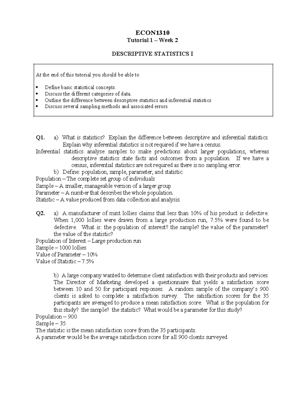 ECON1310 Tutorial 1 Questions - ECON Tutorial 1 – Week 2 DESCRIPTIVE ...