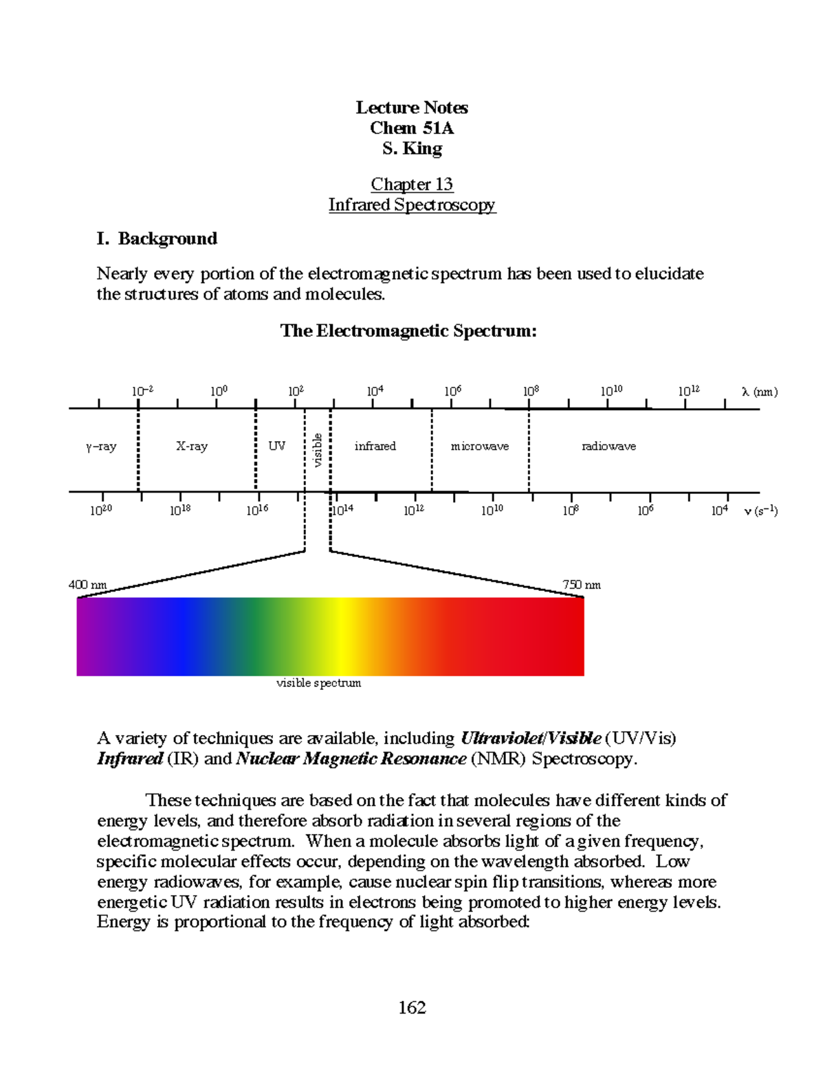 Spectroscopy Lecture Notes Chem 51A S. King Chapter 13 Infrared