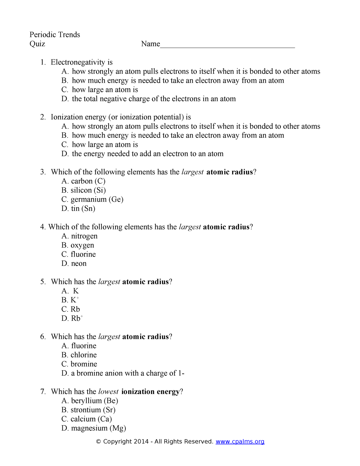 Quiz periodic trends - Quiz! - Periodic Trends Quiz Name