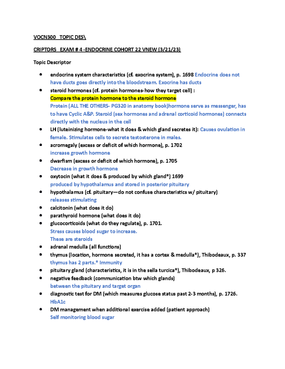 Endocrine topic descriptors - VOCN300_ TOPIC DES\ CRIPTORS EXAM # 4 ...