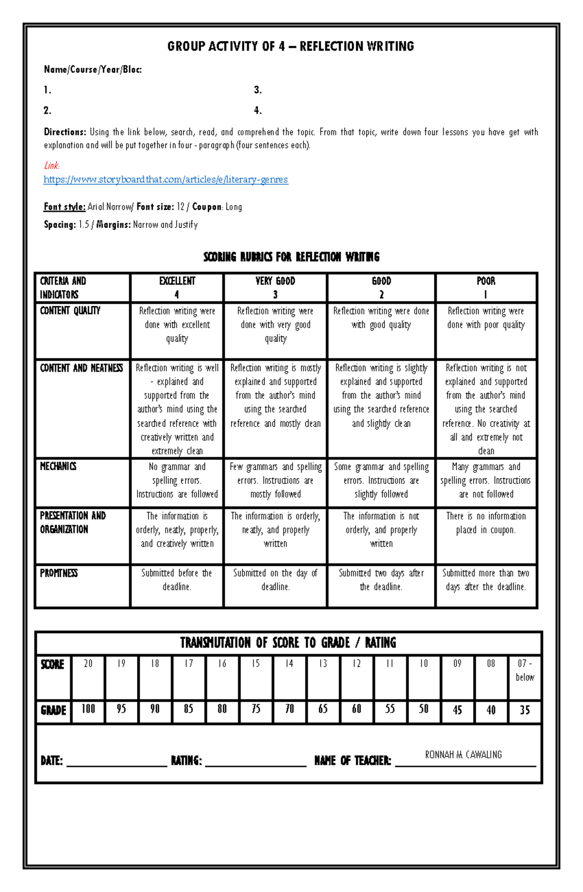 Reflection Activity Bscrim I - CRITERIA AND INDICATORS EXCELLENT 4 VERY ...